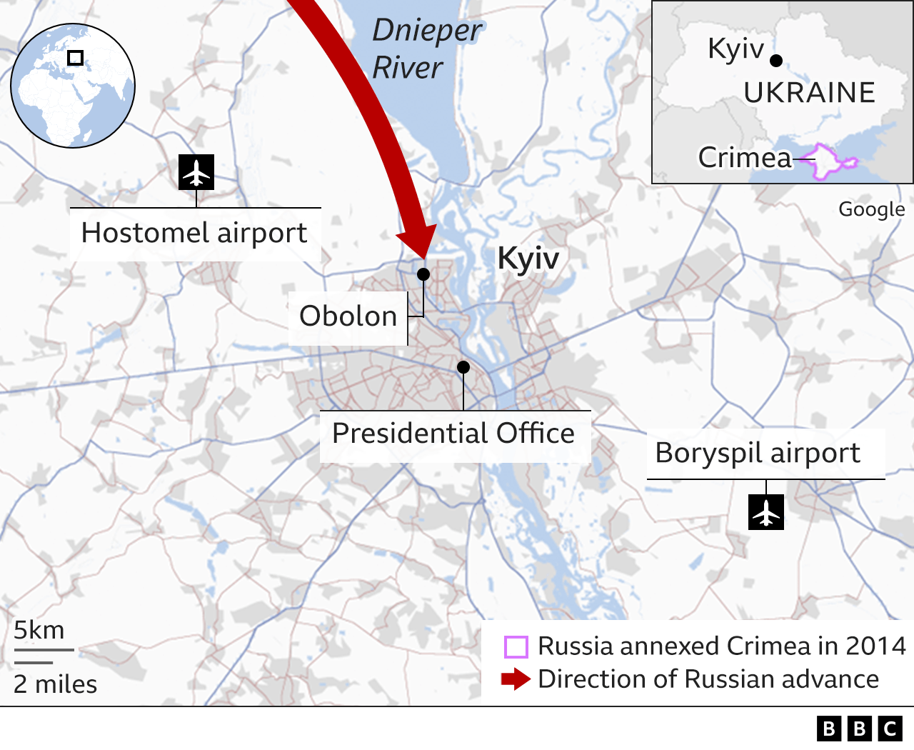 Map showing Russian advance towards Kyiv