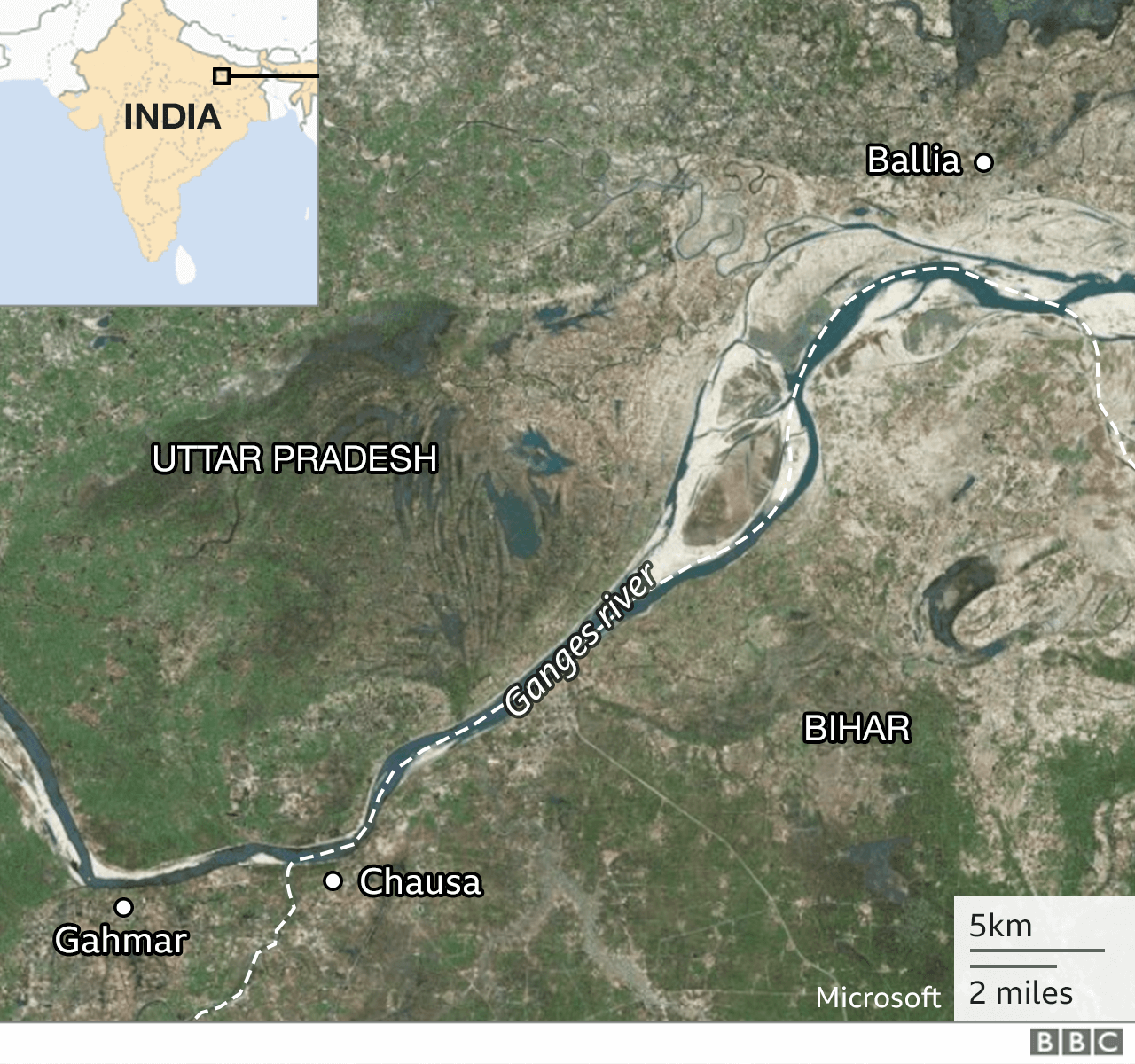 Карта, показывающая расположение Чауса и Гухмара в Северной Индии.