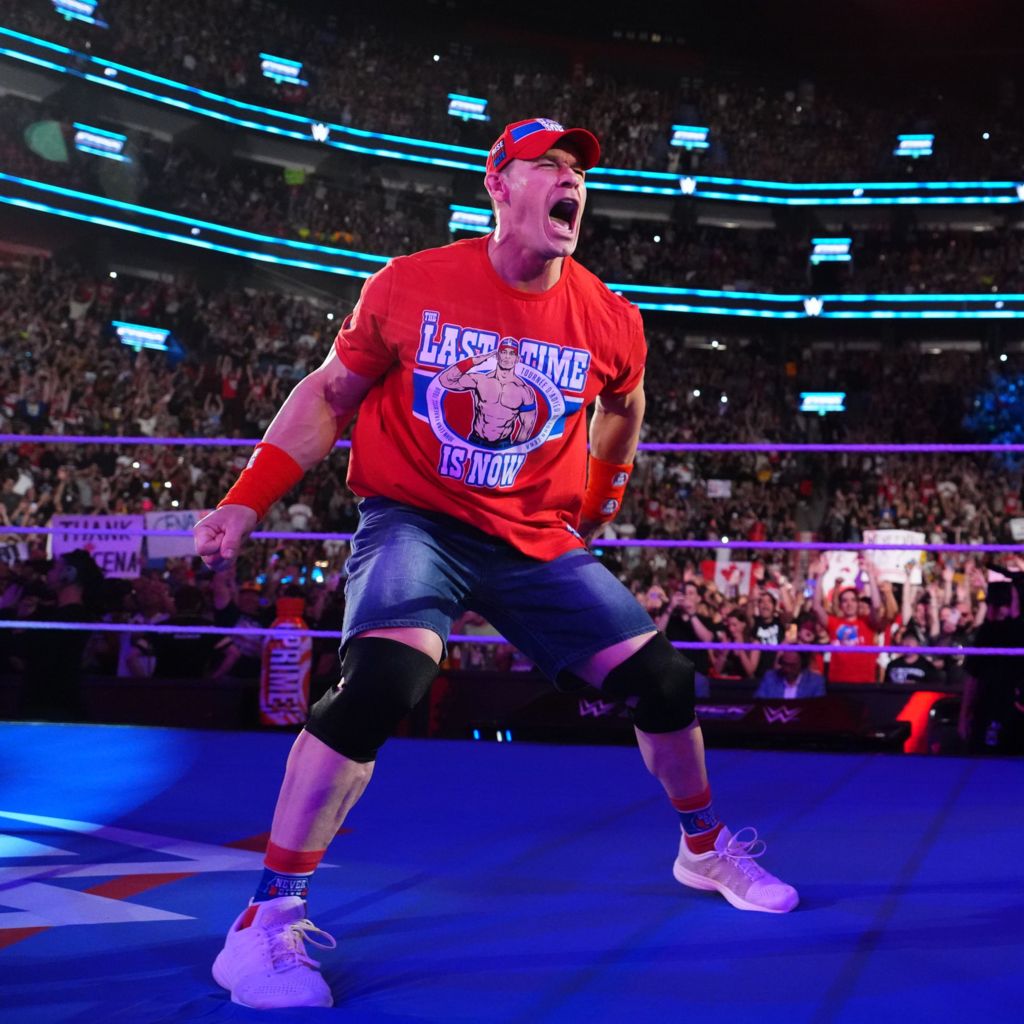 John Cena gets fired up during SmackDown at Bell Centre on August 8, 2025 in Montreal, Canada.