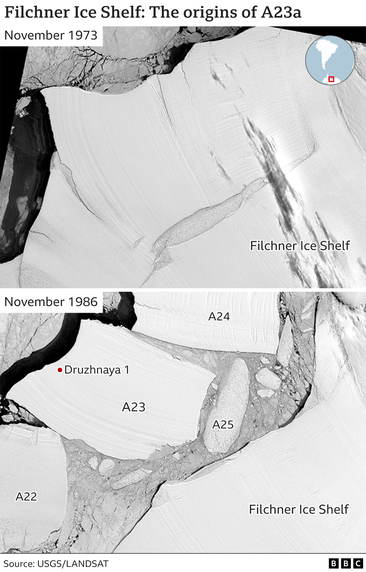 Satellite images show the origins of iceberg A23a at the Filchner Ice Shelf