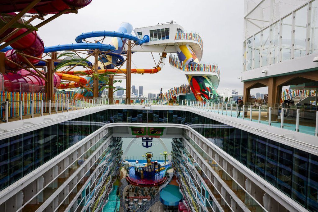 Water slides at the Thrill Island waterpark onboard the Royal Caribbean Icon of the Seas cruise ship at PortMiami in Miami