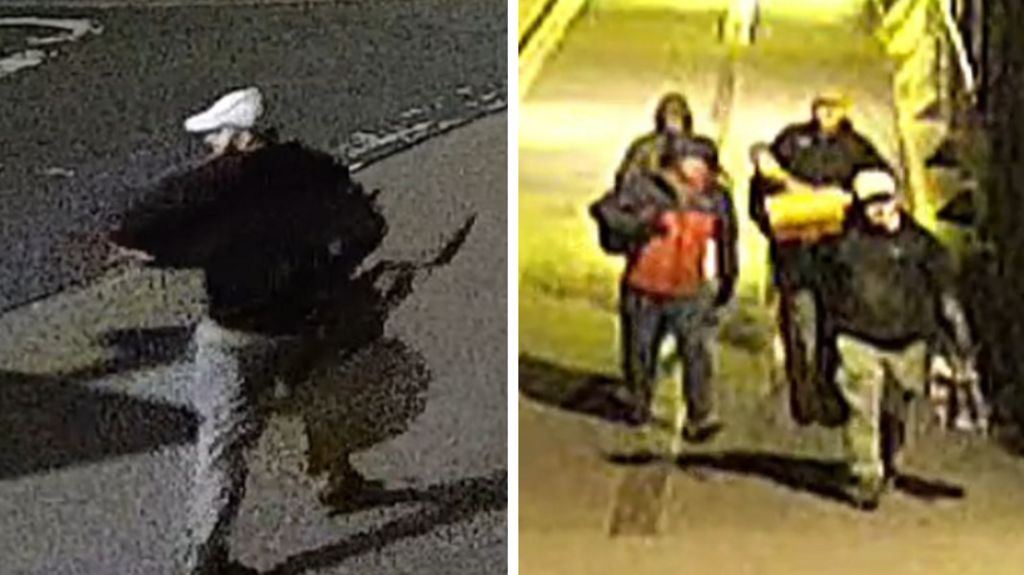 Two CCTV images places side by side. One is a man in a dark jacket, grey trousers and white hat and carrying a bag. The second is a group of all four males in the street, they all have hats or their hoods up. All are carrying bags. 