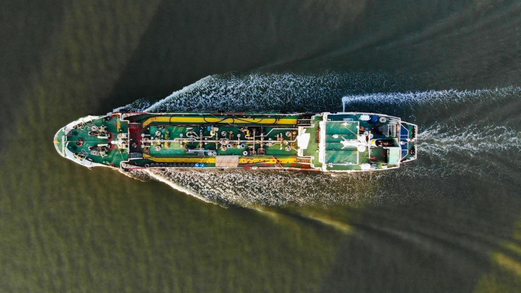 Stock photo shows an overhead view of a large oil tanker off the coast of Thailand