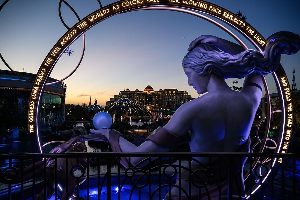 A statue of Luna, the Roman goddess of the moon, overlooking the Celestial Park area, at the Epic Universe theme park in Orlando, Florida.