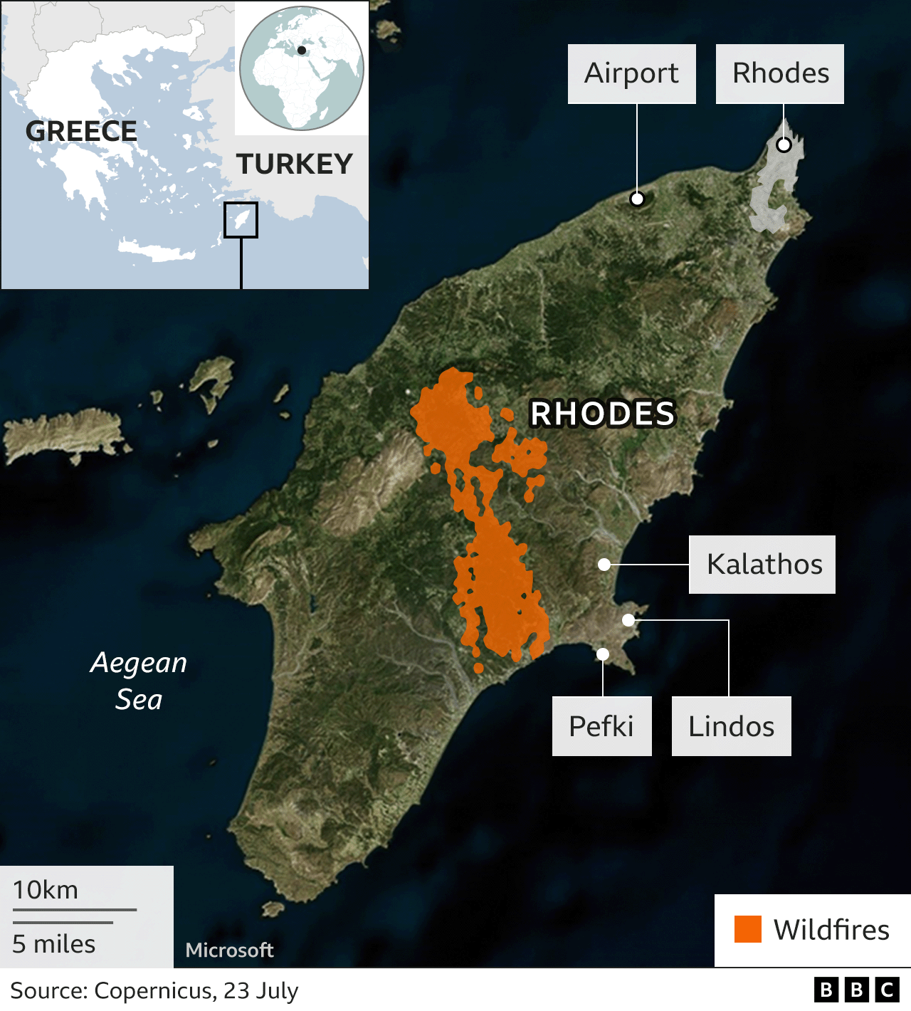 A map of Rhodes showing the spread of wildfires in the centre of the island