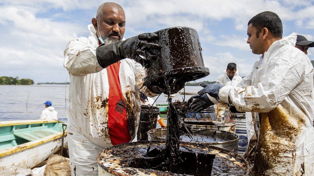 Local volunteers clean up a beach in Mauritius after the MV Wakashio spill