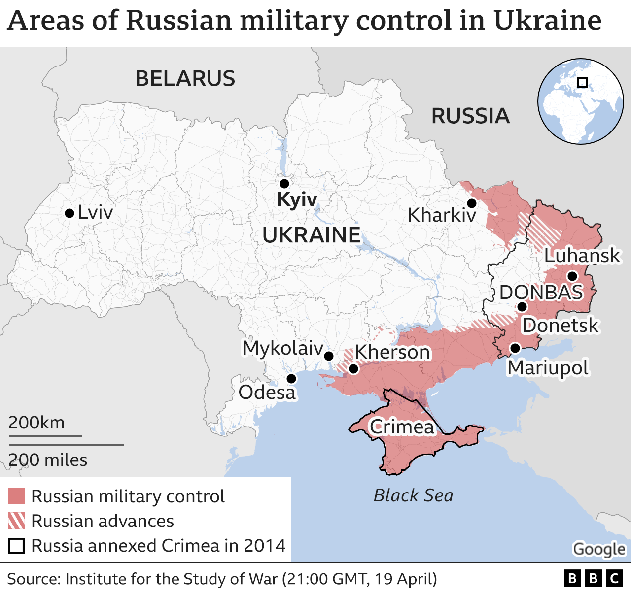 Map showing areas of Ukraine currently under Russian control