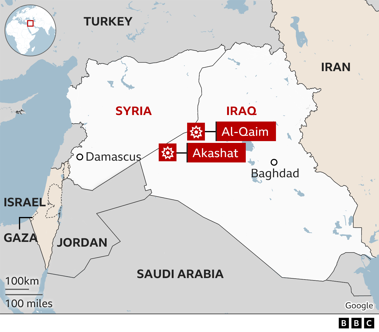 Map showing location of strikes in Iraq and Syria