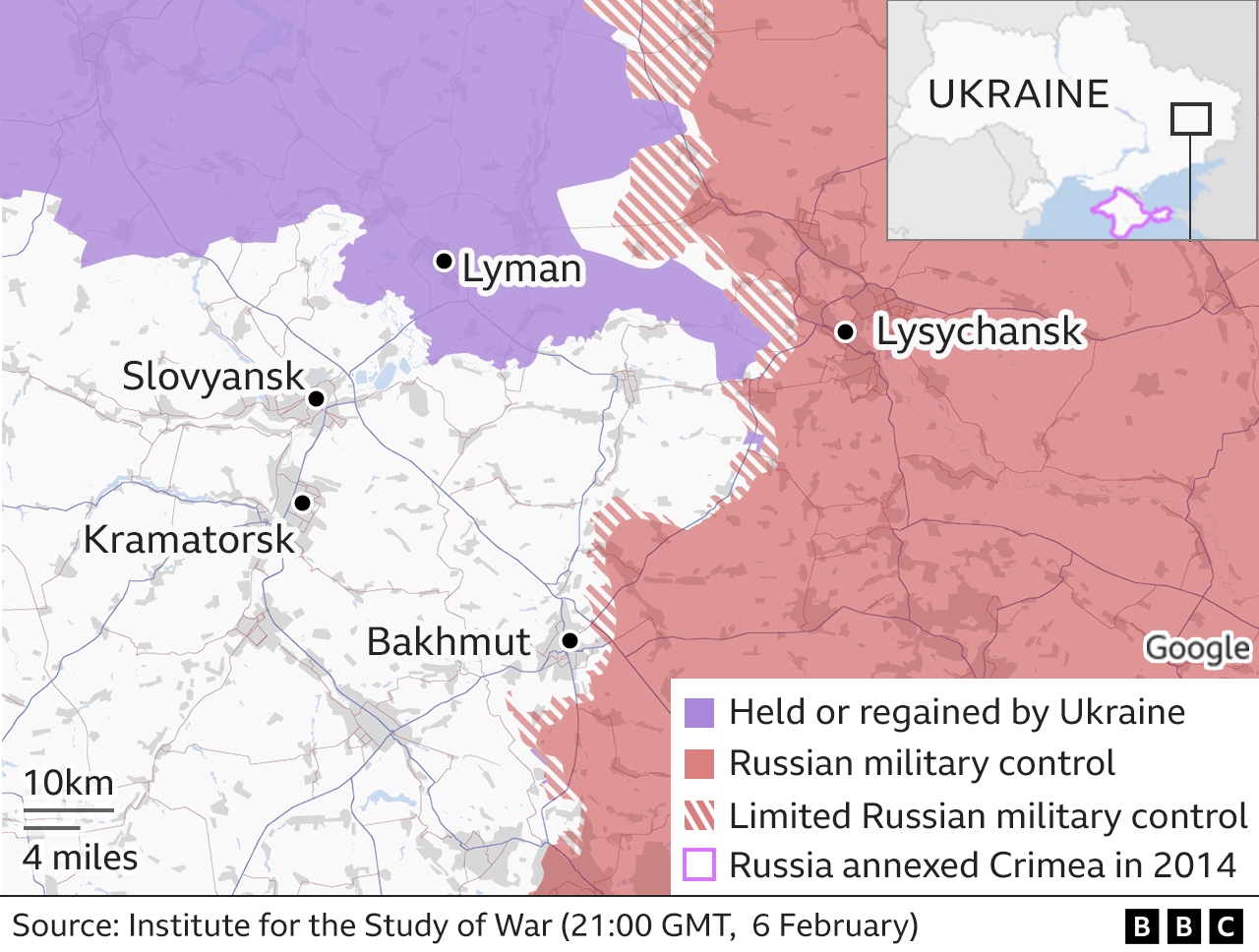 Χάρτης του Μπαχμούτ και της ανατολικής Ουκρανίας