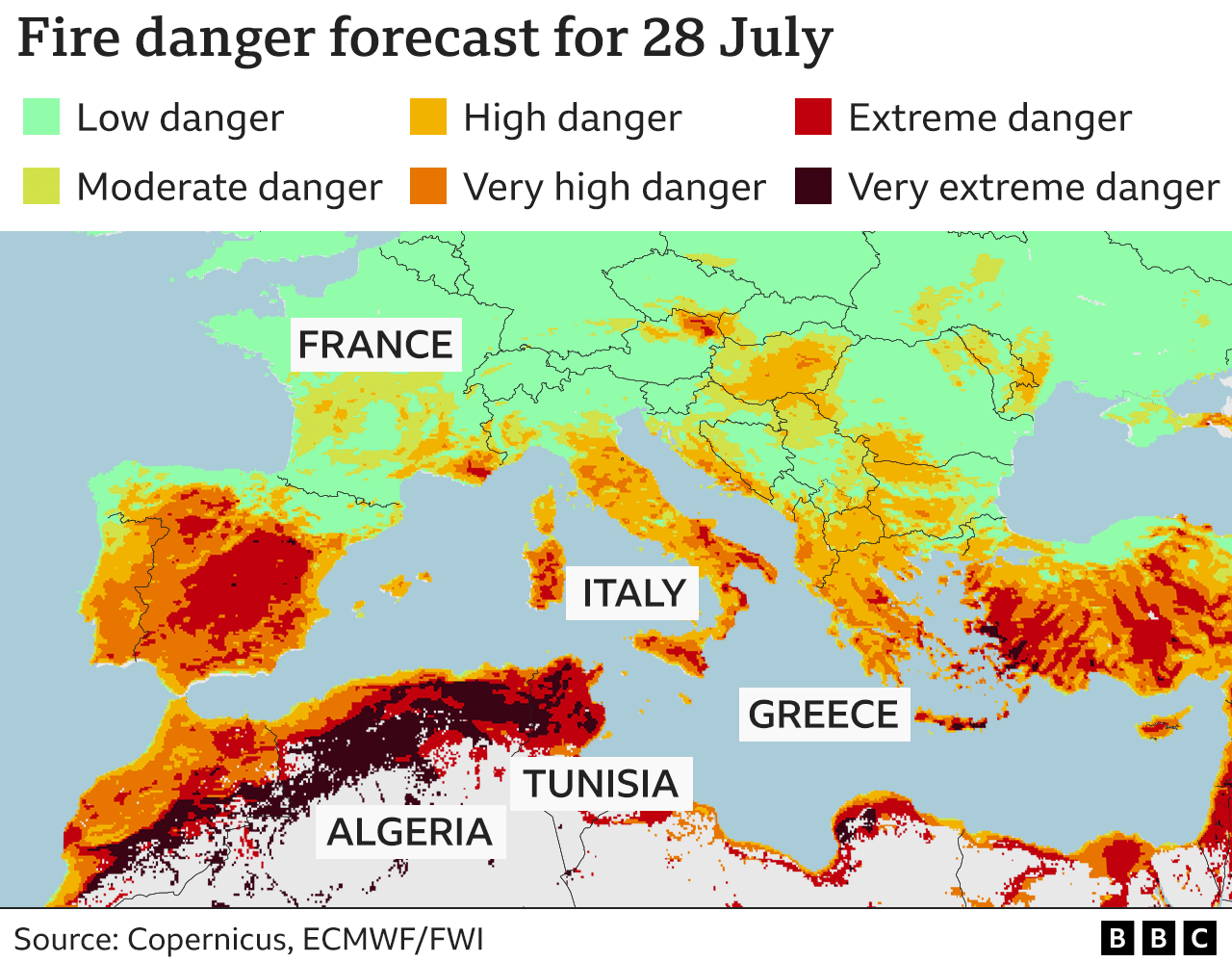 Карта, показывающая пожарную опасность в Южной Европе и Северной Африке
