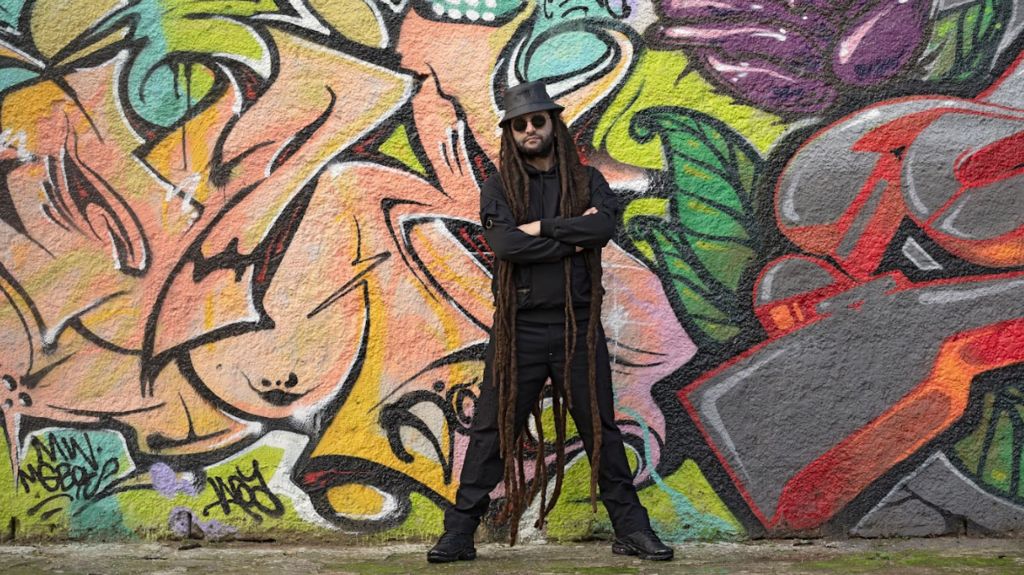 Alborosie press picture of the artist looking towards the camera in a posed stance with a graffiti background 