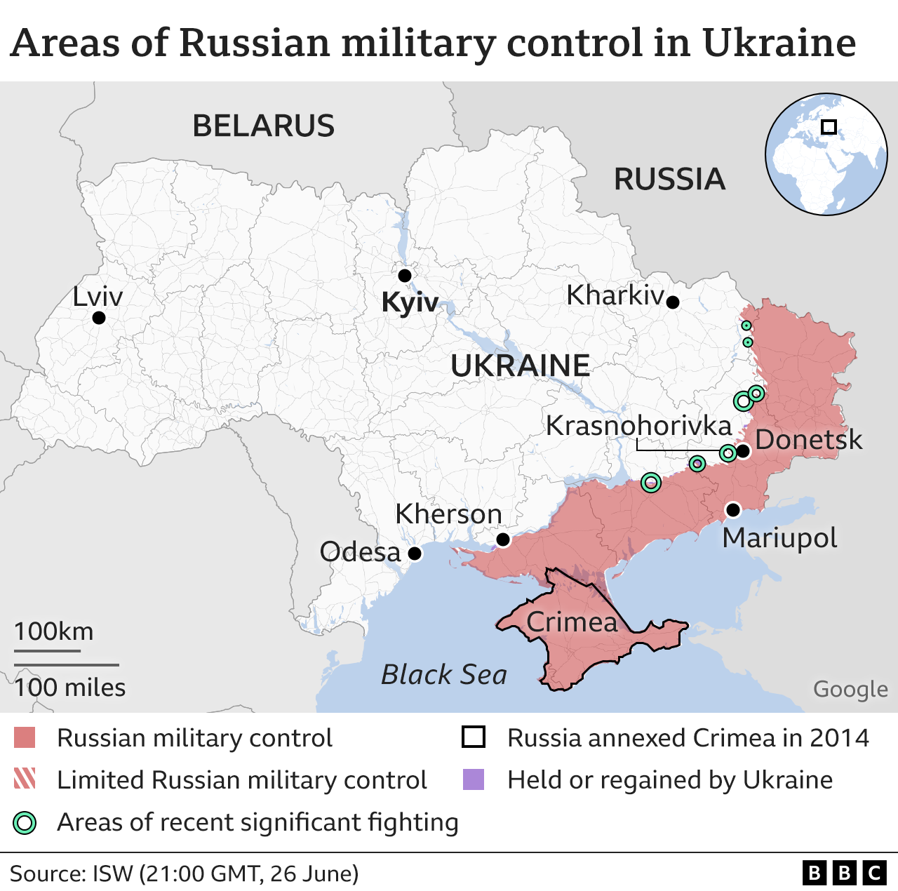 Mappa che mostra le aree di controllo russo in Ucraina