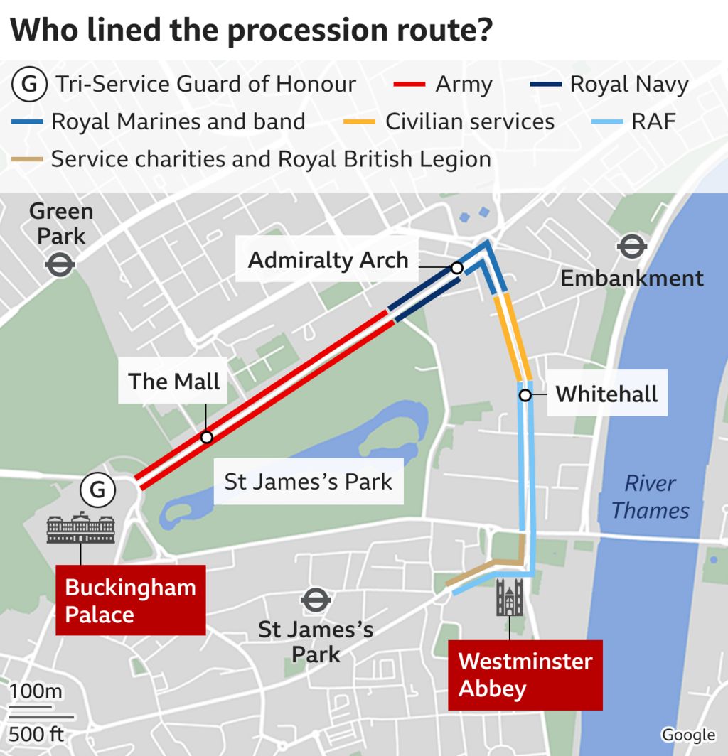 Map showing King's Procession route from Buckingham Palace along The Mall (lined by the Army and Royal Navy) to Trafalgar Square (lined by the Royal Marines), then down Whitehall (lined by the RAF and civilian services) and Parliament Street before turning into Parliament Square and Broad Sanctuary (lined by service charities and the Royal British Legion) to reach the Great West Door of Westminster Abbey