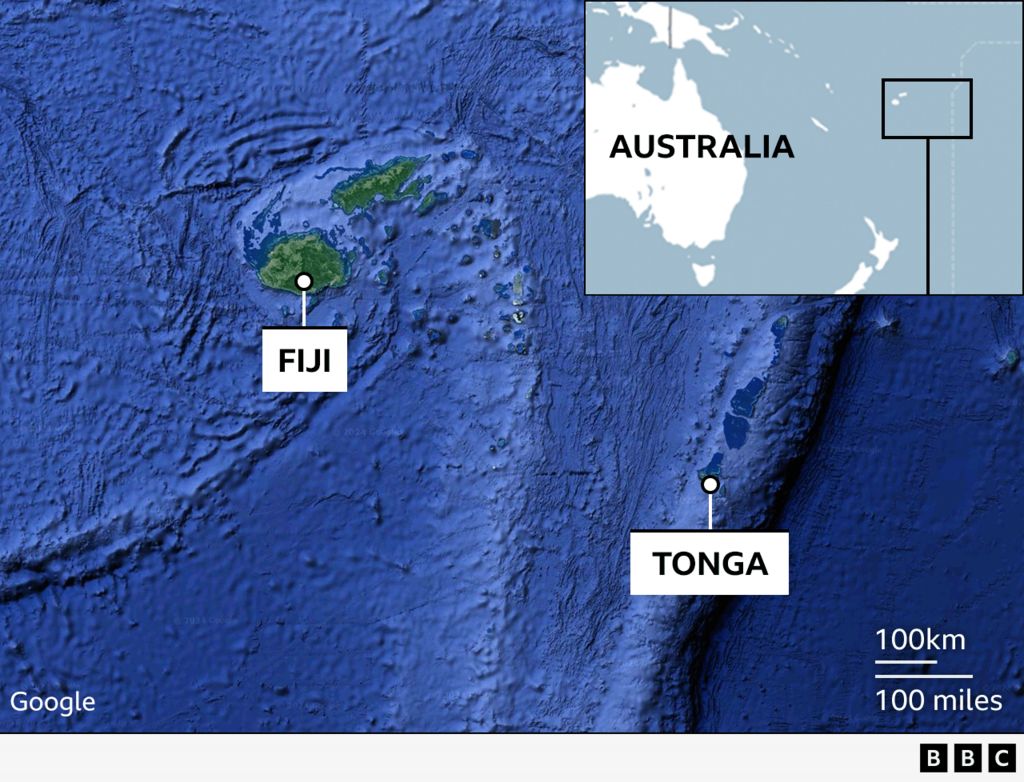 The location of Fiji and Tonga