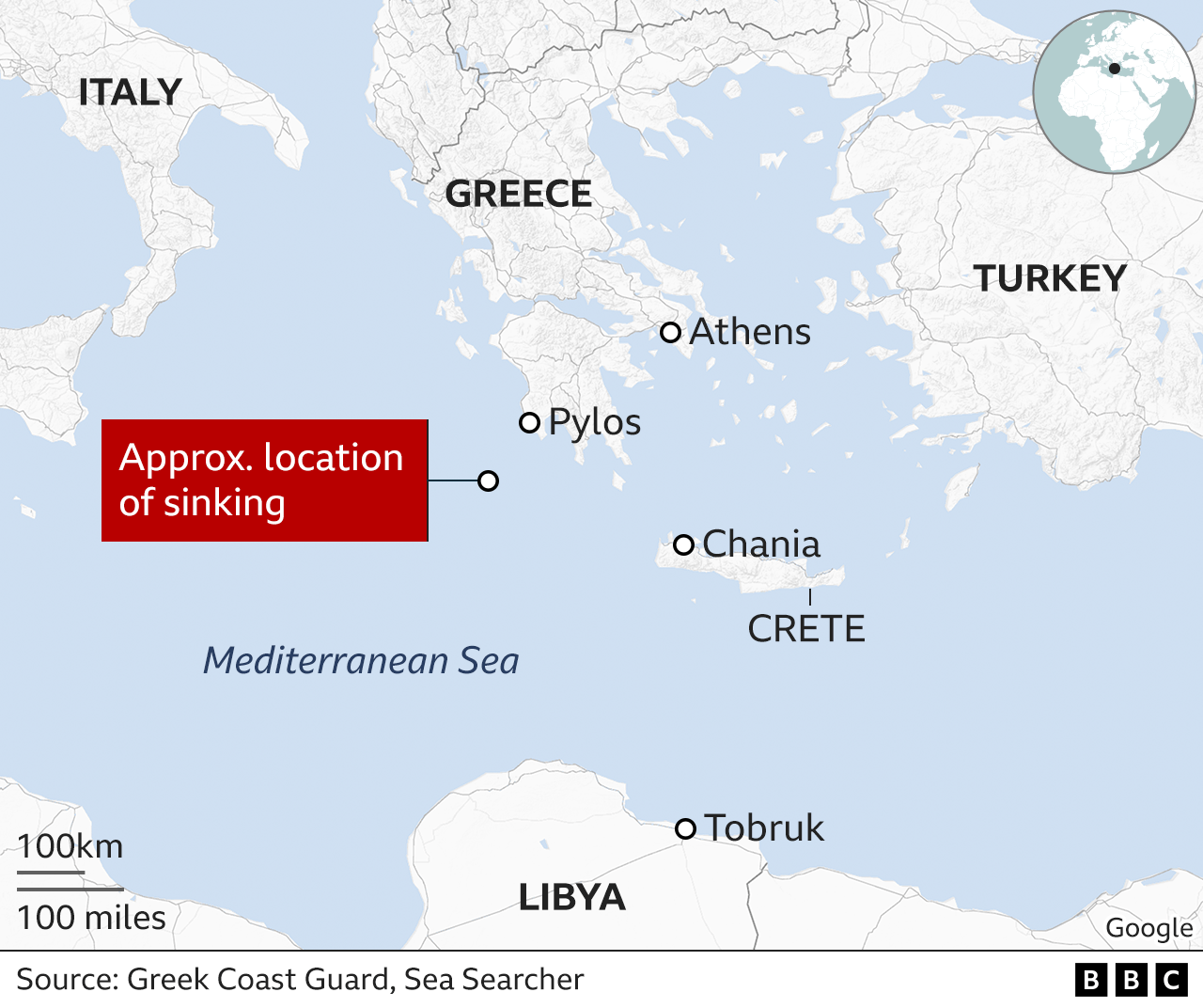 A BBC map shows the approximate location of sinking of a migrant boat off the coast of the Greek island of Pylos