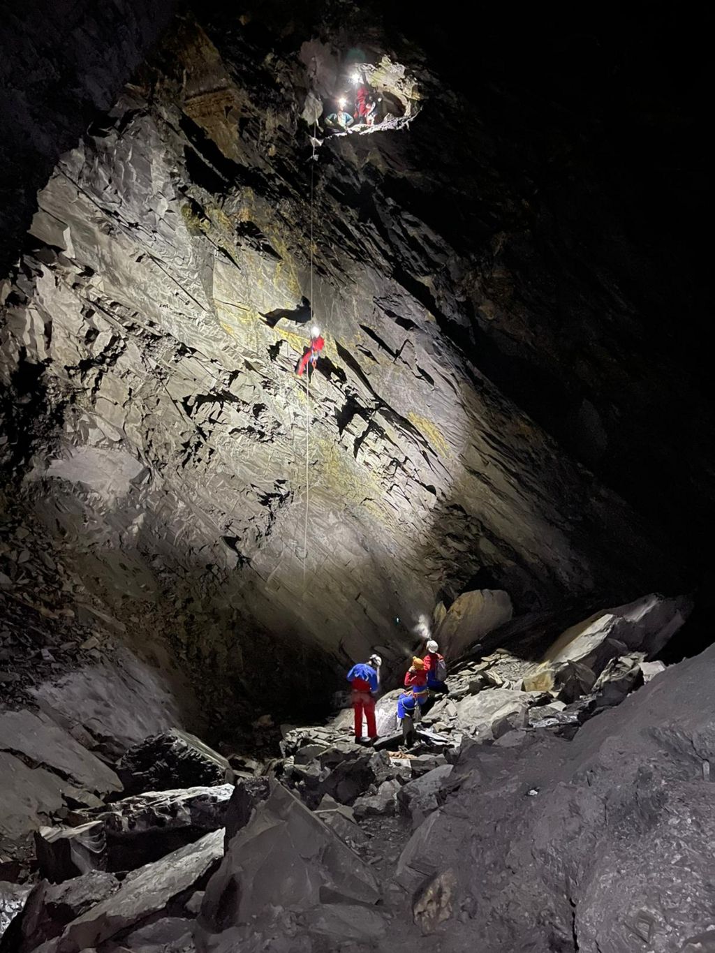 A team in a cave