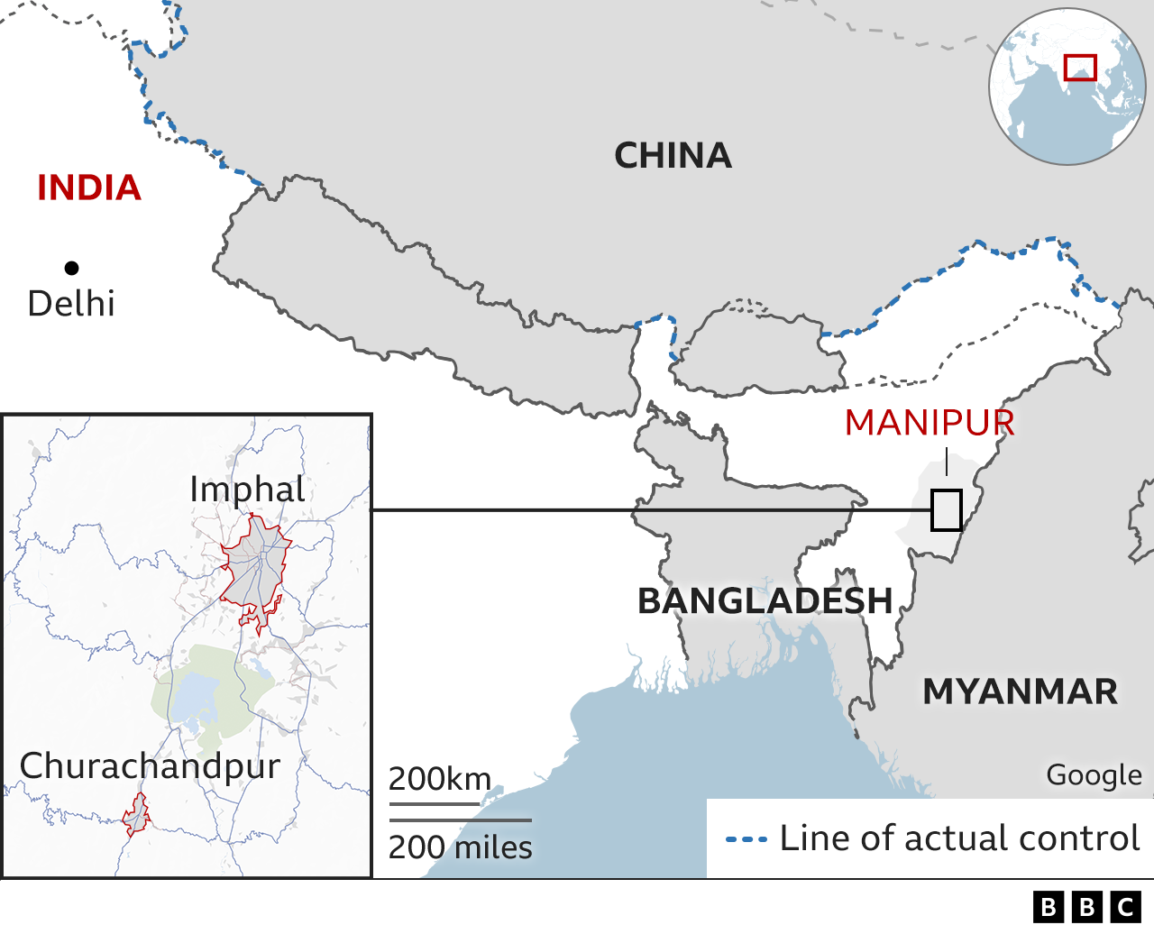 На карте показано расположение города Импхал и района Чурачандпур в Манипуре