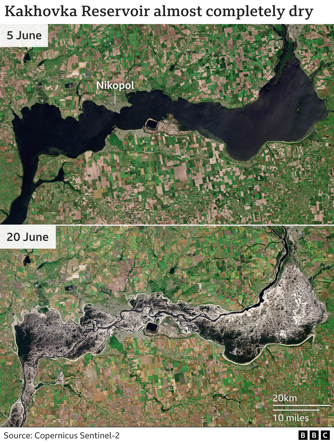 Два снимка Каховского водохранилища: одно от 5 июня, когда водохранилище было заполнено, и другое от 20 июня, когда уровень воды в водохранилище значительно упал