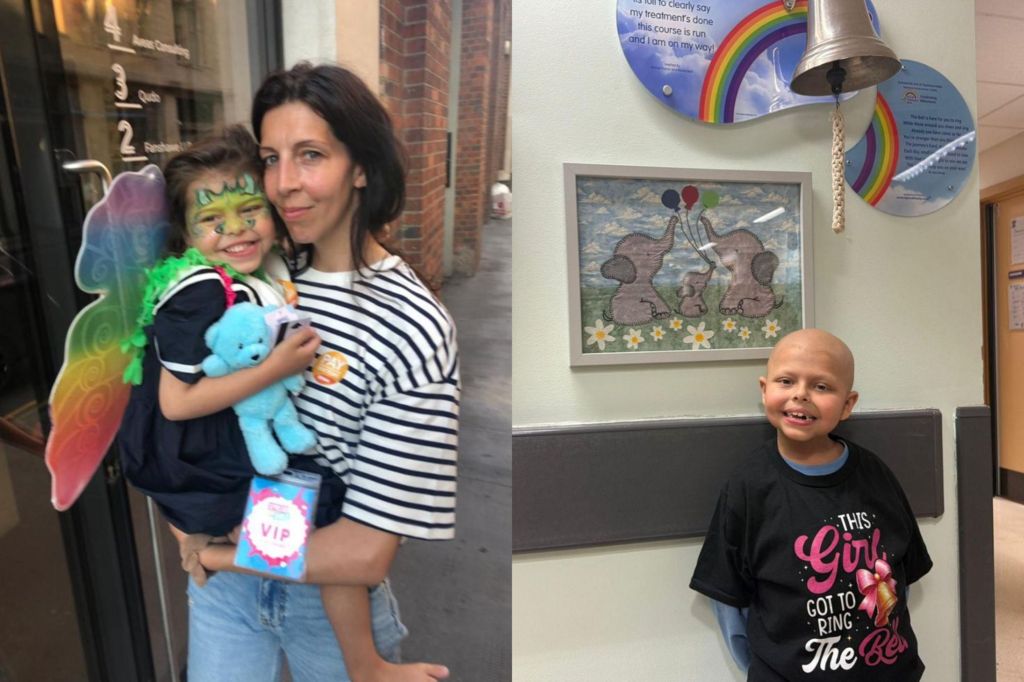 Woman with stripy t-shirt holds a young girl in fancy dress wearing a butterfly wings on her back, and face paint, holding a blue teddy bear. The other photo on the right shows a girl standing up, with a shaven head, wearing a black logo-d T-shirt, smiling at the camera. Behind her is a painting of two elephants holding balloons attached to strings.