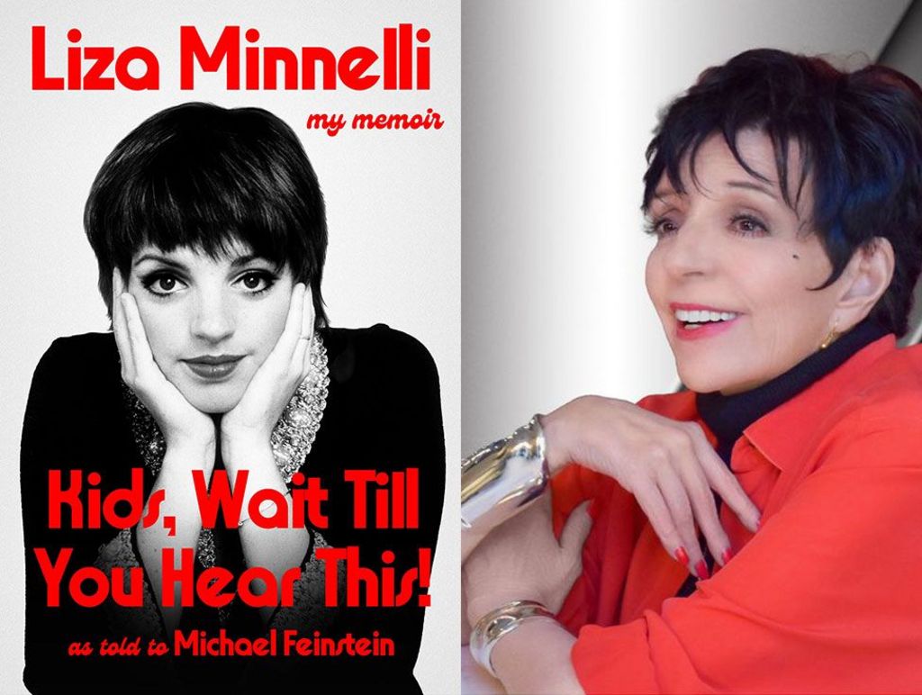 Cover of memoir showing a black and white younger photo of Minnelli with red lettering alongside an image of the star wearing a red shirt and silver bangles. She has short black hair and is smiling.