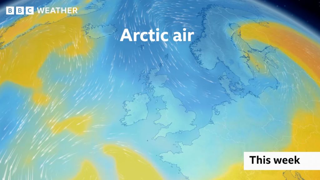 BBC Weather graphic showing a cold air mass across the UK, Ireland and much of the rest of northern Europe