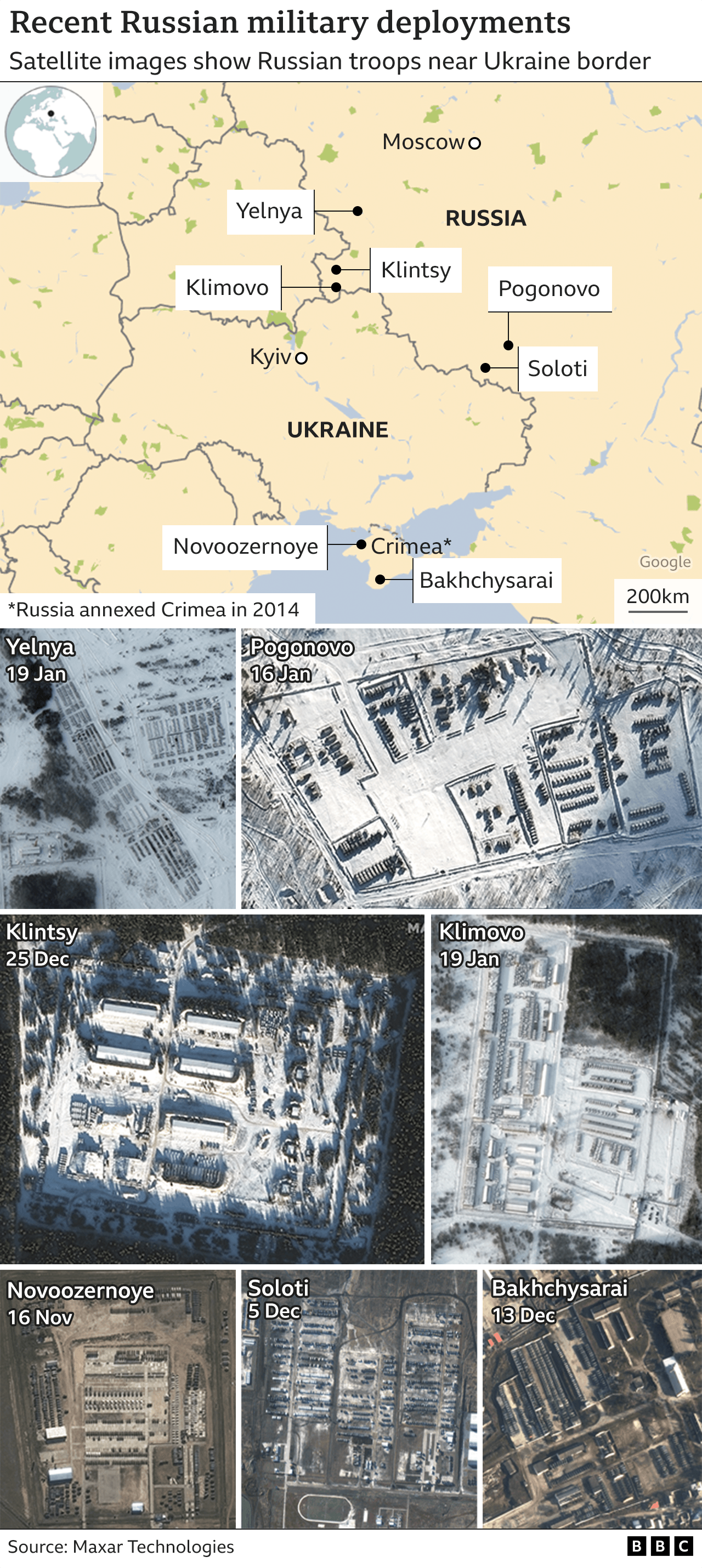 Map of Russia and Ukraine with satellite images showing recent Russian military deployments near the border