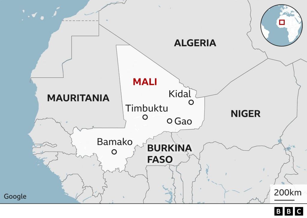 Карта с указанием ключевых городов Мали и соседних стран