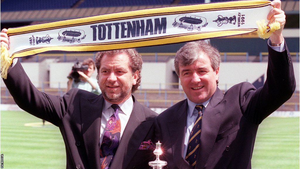 Venables, pictured with former Tottenham chairman Sir Alan Sugar, won the FA Cup with Spurs in 1991