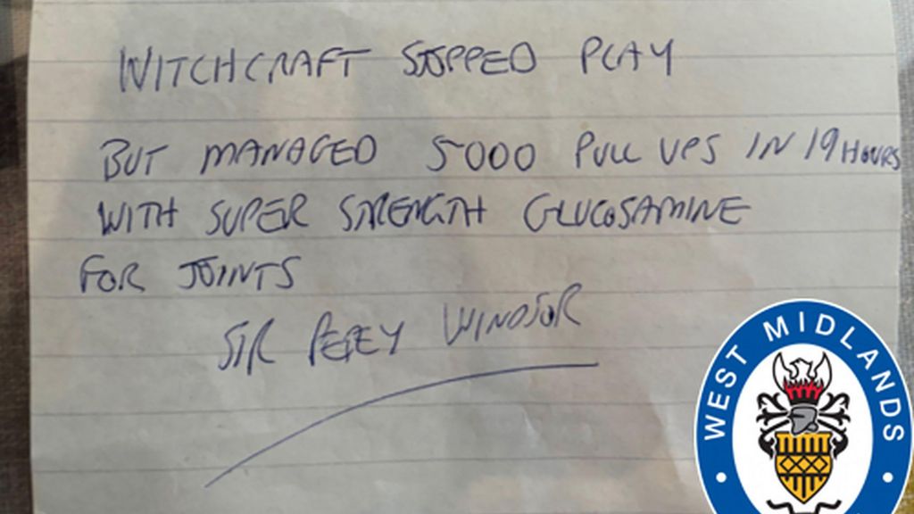 A paper letter with handwriting in blue biro pen. The letter reads: "Witchcraft stopped play but managed 5,000 pull ups in 19 hours with super strength glucosamine for joints."