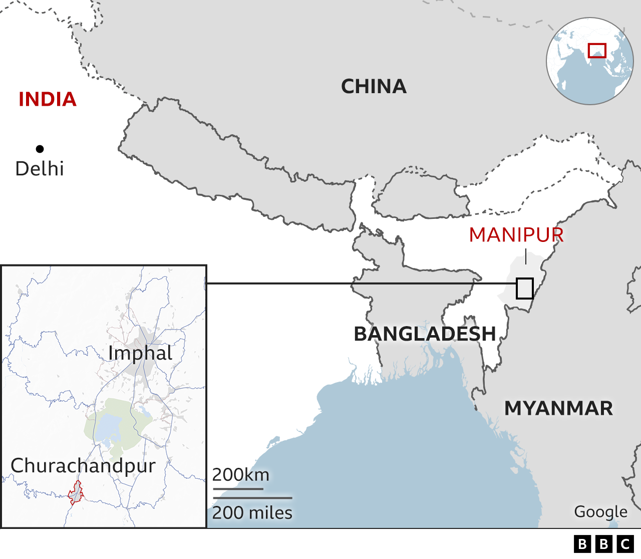 A map shows the location of the city of Imphal and the area of Churachandpur in Manipur