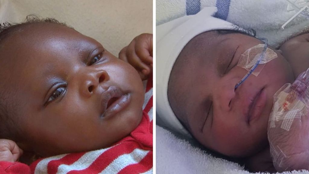 A composite image of photos provided by the Metropolitan Police. On the left is baby Harry who has wavy dark hair and is wearing a red and white striped outfit. To the right is his sister Roman. She is wearing a white hat and has a tube in her nose and a hospital drip in her hand.