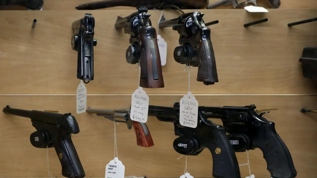 Handguns are seen on display at a gun shop in Ottawa, Canada. Photo: June 2022