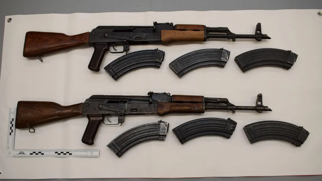 Two rifles surround magazines on a white background.