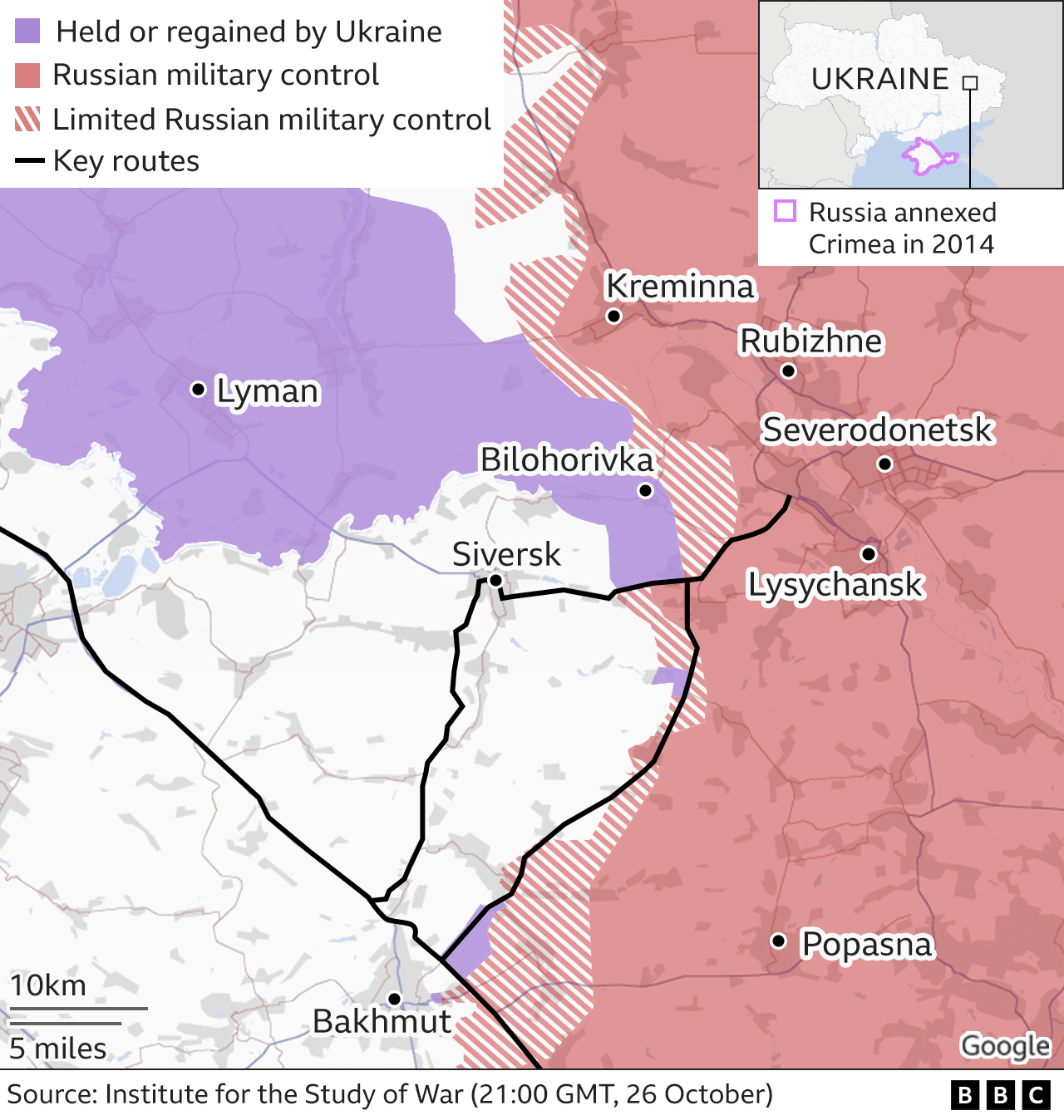 Map showing a close-up of the frontline in the east of Ukraine. 26 October