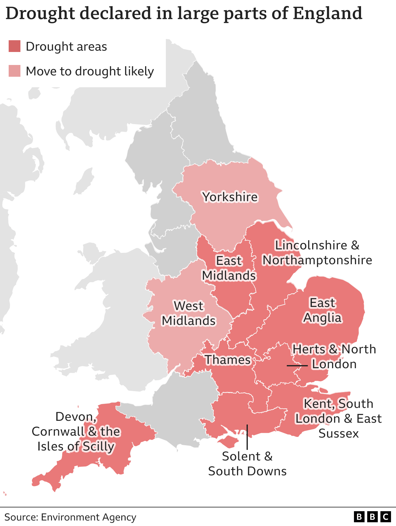 A map showing areas affected by the drought