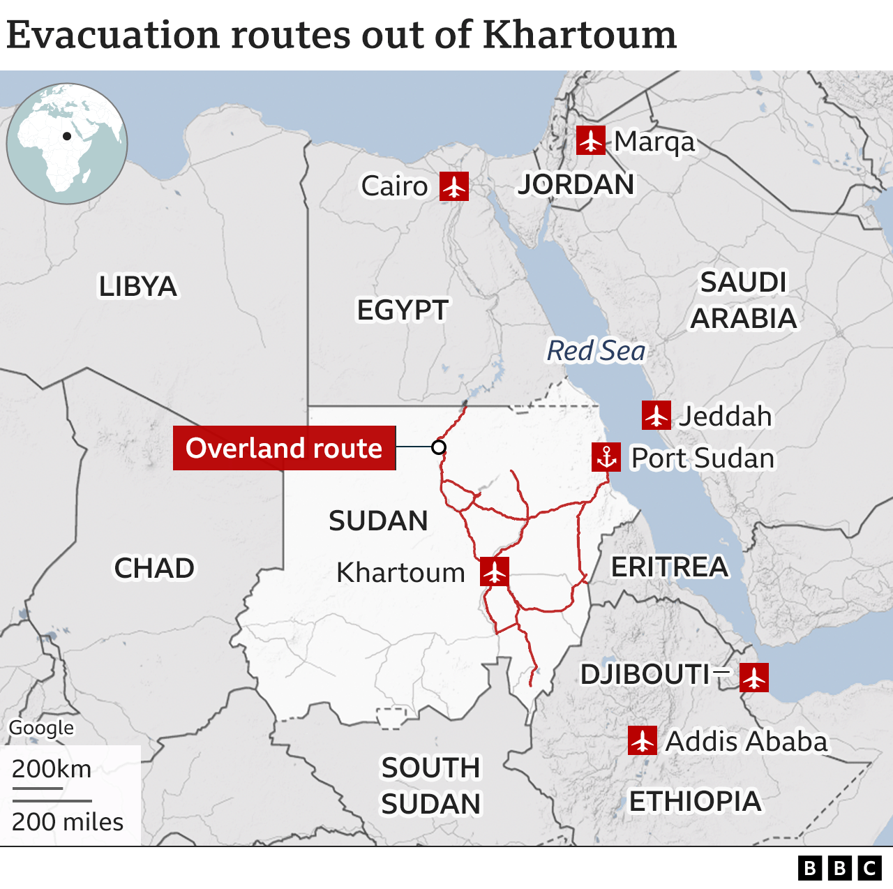 A map showing evacuation routes being followed across Sudan