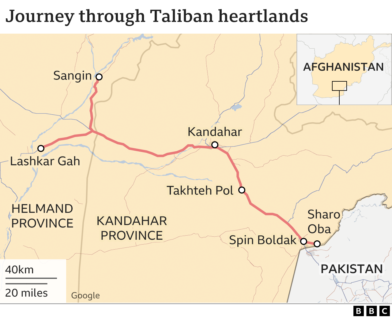Map of Secunder Kermani's route through southern Afghanistan.