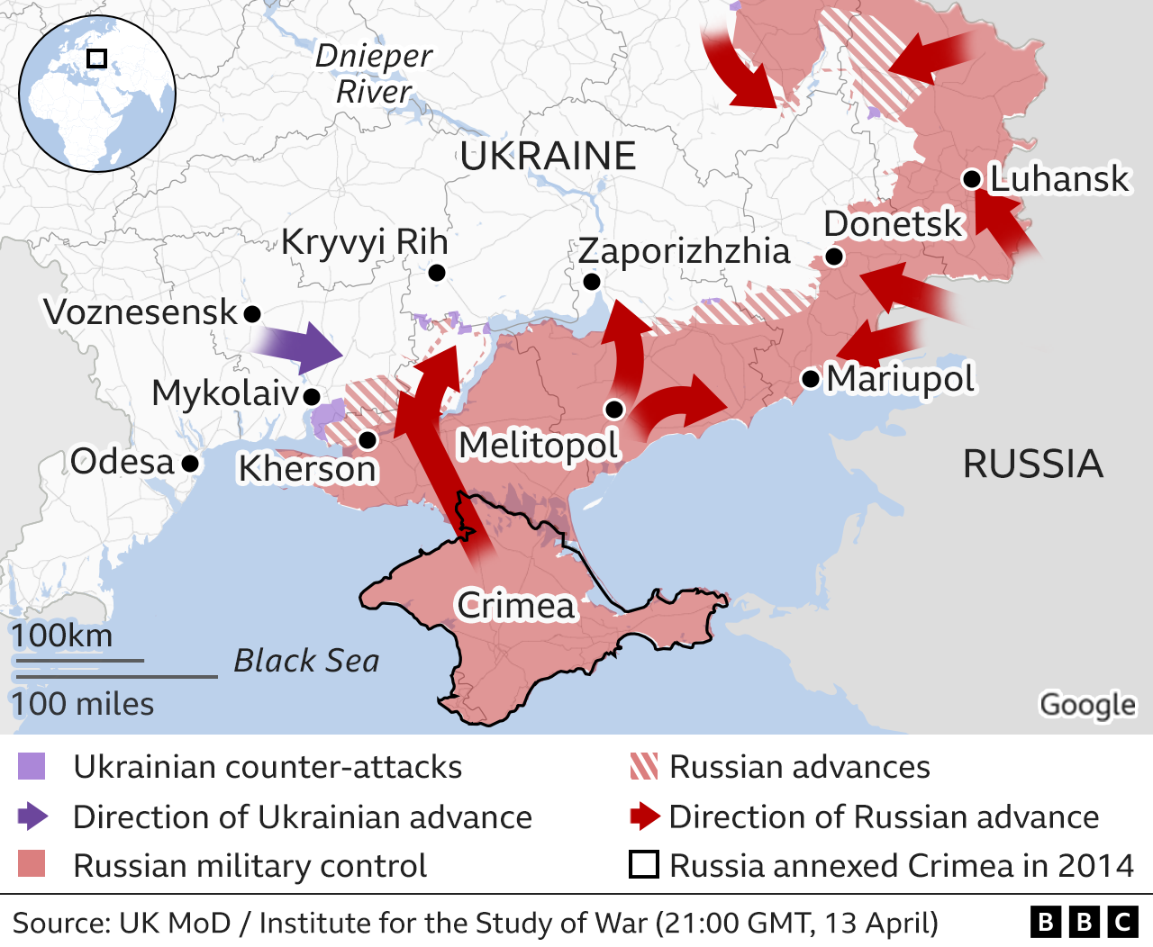 Map showing the Russian military advance into Ukraine from the south