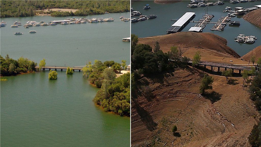 Lake Oroville, California, in 2014 drought (right) (Image: Reuters)