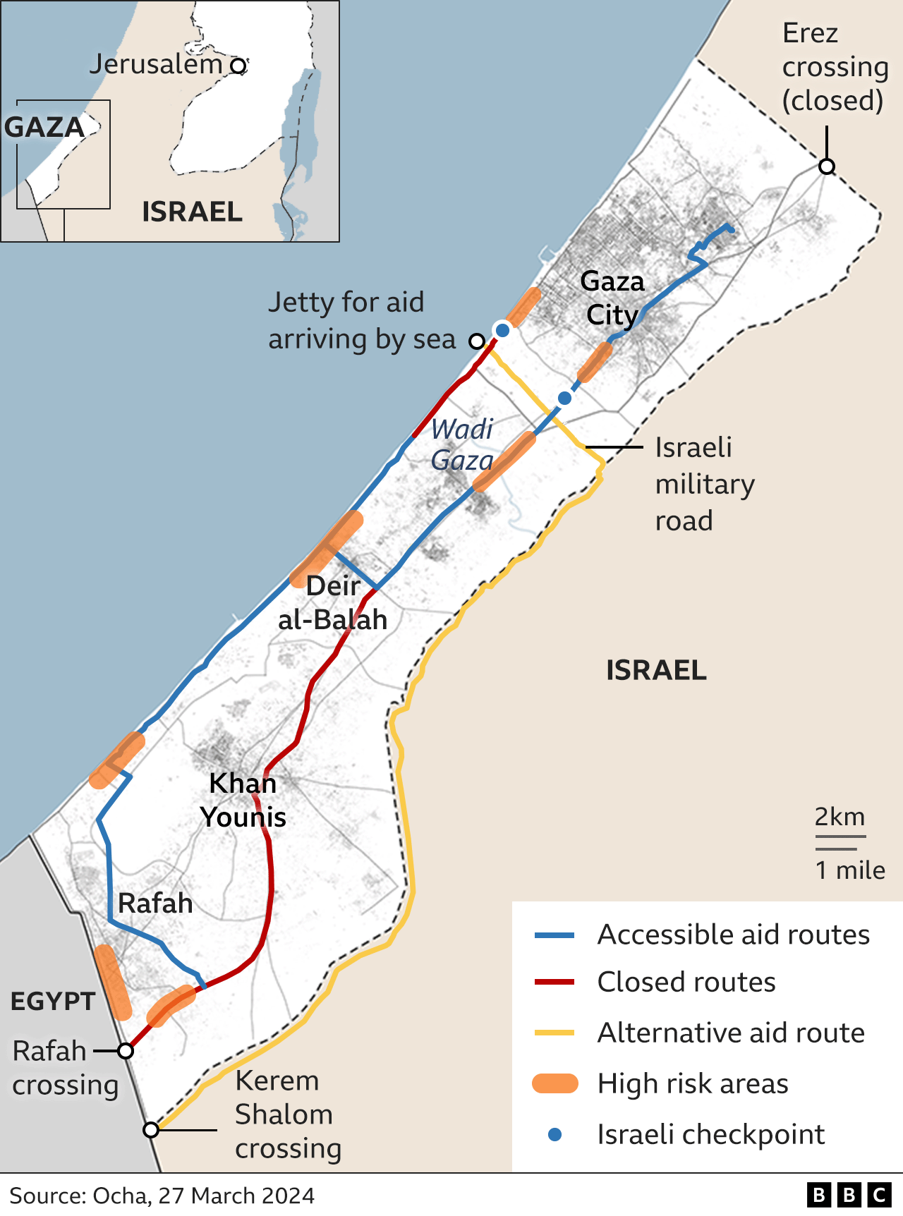 UN OCHA map showing access constraints in Gaza (27 March 2024)