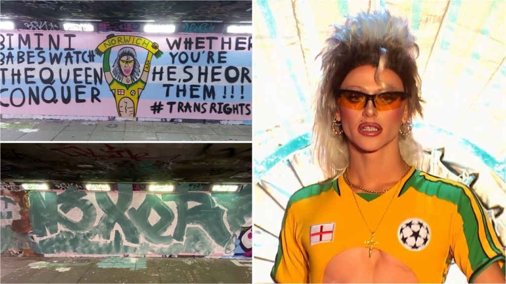 Defaced mural of drag queen Bimini Bon Boulash reads: Bimini babes, watch the queen conquer, whether you're he, she or them, hashtag Trans Rights.