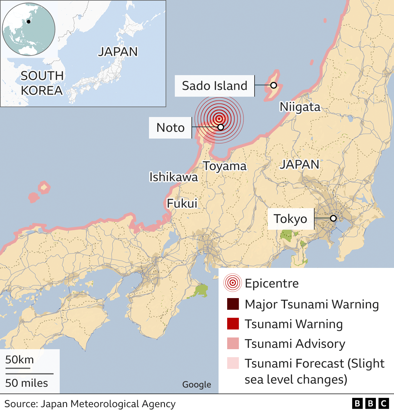 A map of Japan shows affected areas along the north coastline of the country's central area, where tsunami advisories are in place. Marked on the map are Fukui, Ishikawa, Noto, Toyama, Sado Island and Niigata