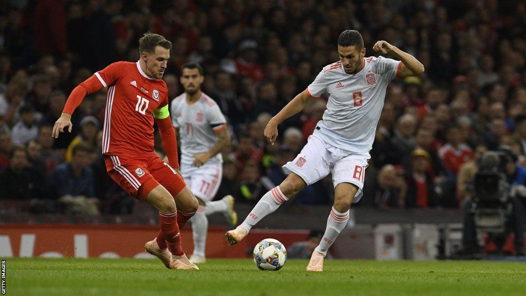 Wales midfielder Aaron Ramsey in action against Spain at the Principality Stadium in 2018