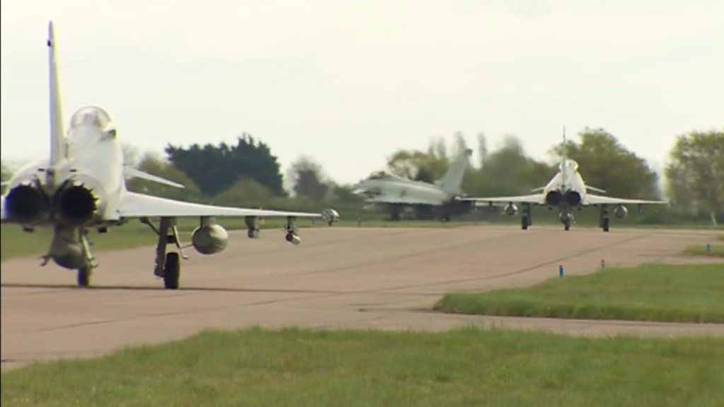 RAF Typhoon fighter planes at Coningsby take off for Romania