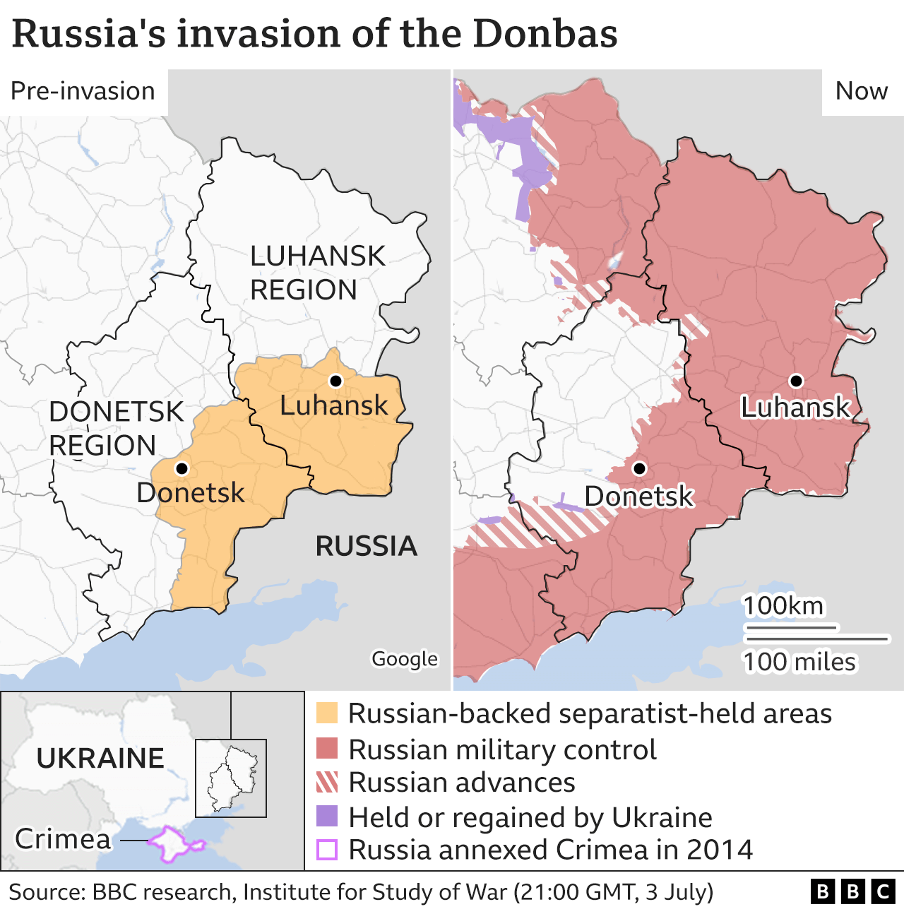 Карта Донбасса до и после вторжения, обновленная 4 июля.