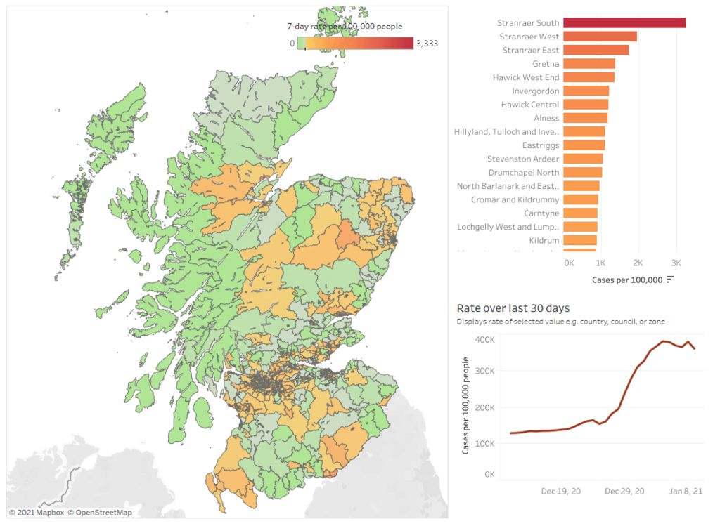 Map showing coronavirus case rates in Scotland