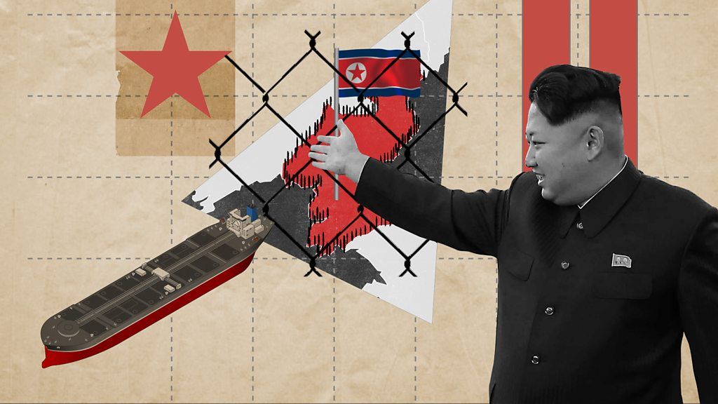 Collage illustration showing Kim Jong-un with North Korea map, flag and oil tanker