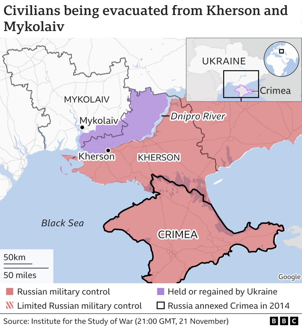 Map showing areas from where Ukrainian civilians are being evacuated