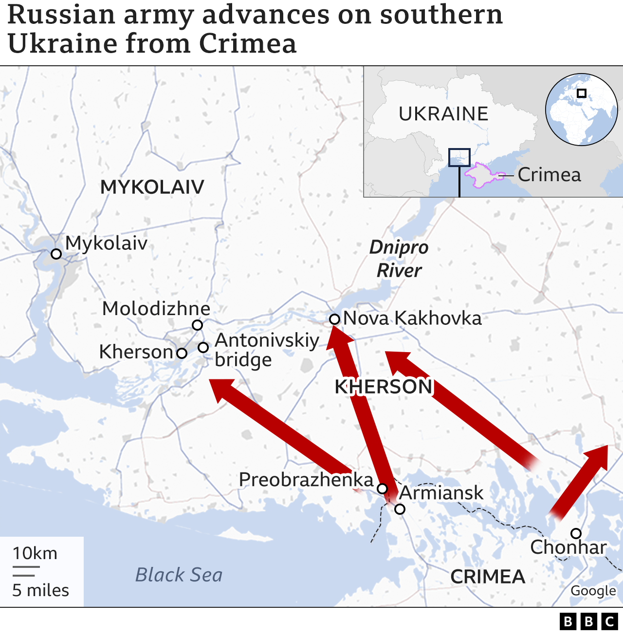 BBC map showing where Russian troops advanced from Crimea into southern Ukraine