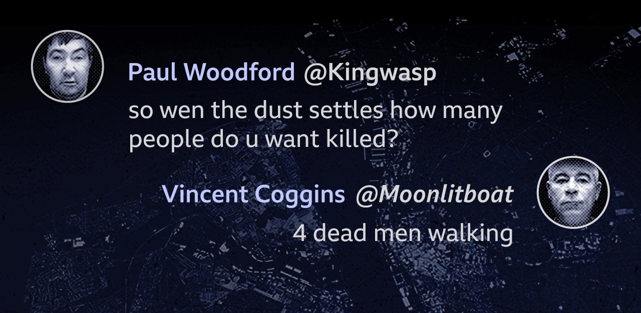 Graphic showing EncroChat messages between Paul Woodford with the username "Kingwasp" and Vincent Coggins aka "Moonlitboat". Woodford says: "so wen the dust settles how many people do u want killed?" Coggins replies: "4 dead men walking"